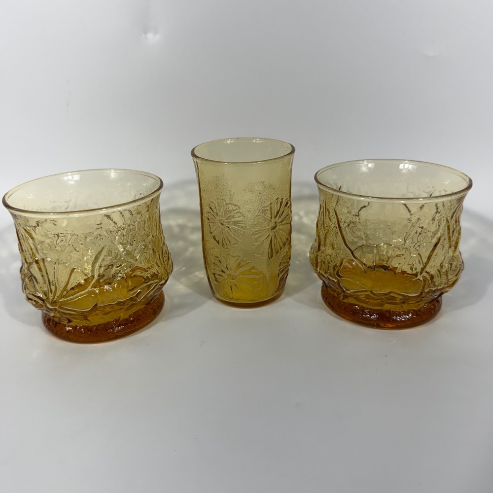 Vintage Anchor Hocking Rainflower Amber 3‎ Pc Glass Set Floral Drinkware MCM EUC